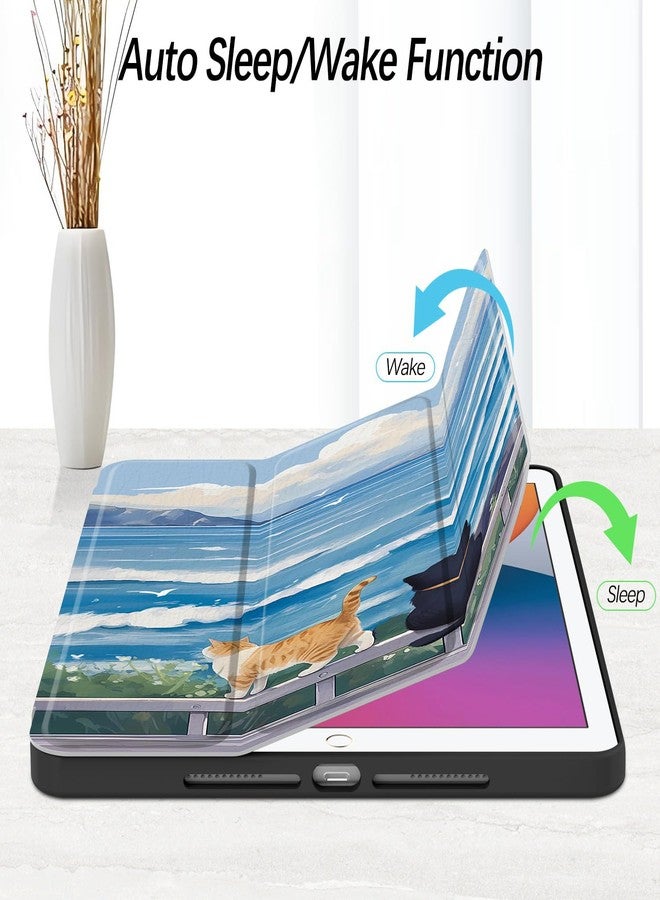 Xkladz جراب Xkladz لأجهزة iPad من الجيل التاسع/الثامن/السابع (2021/2020/2019) مقاس 10.2 بوصة، جراب مع حامل قلم، غطاء خلفي شفاف، تصميم أنيق وجذاب للنساء والفتيات والفتيان، خاصية التشغيل/الإيقاف التلقائي، تصميم قطة لطيفة - Image 2