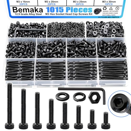 Bemaka 1015PCS M3 Screws Kit, M3x6/8/10/12/16/20/25/30mm Hex Socket Head Cap Screws Bolts Nuts Washers Kit, 12.9 Grade Alloy Steel Metric Machine Screw for 3D Printing - Image 1