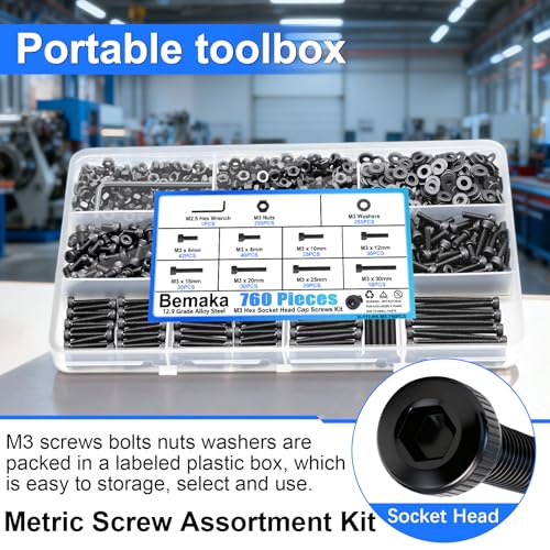 Bemaka 1015PCS M3 Screws Kit, M3x6/8/10/12/16/20/25/30mm Hex Socket Head Cap Screws Bolts Nuts Washers Kit, 12.9 Grade Alloy Steel Metric Machine Screw for 3D Printing - Image 5