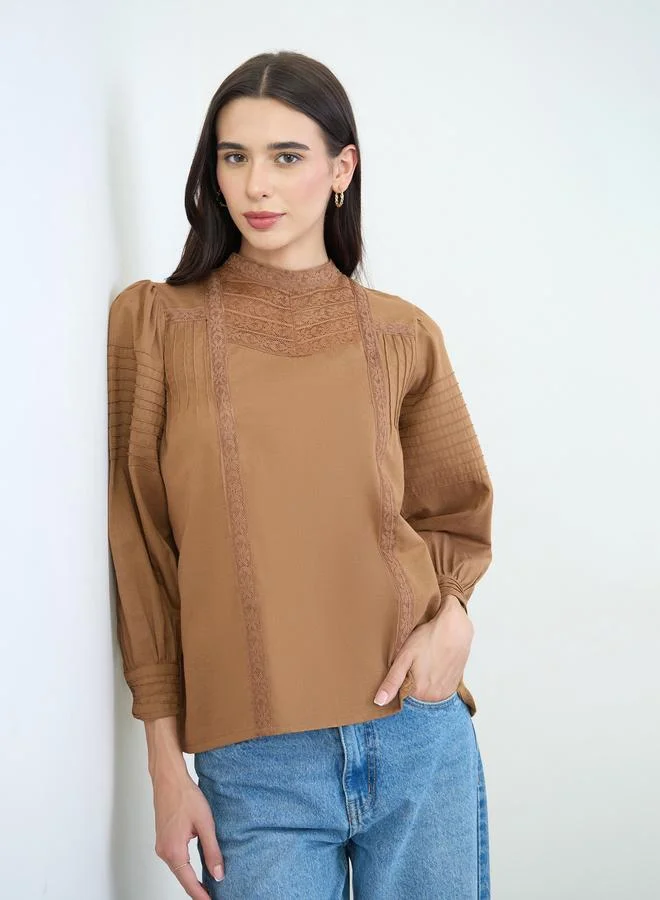 Styli Rust Lace Detail Cotton Blouse