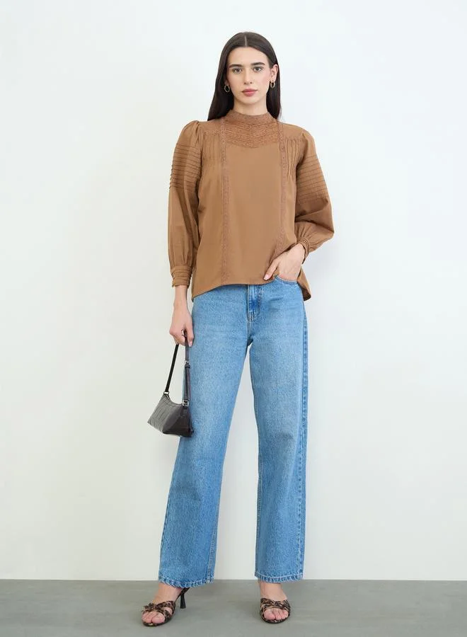 Styli Rust Lace Detail Cotton Blouse