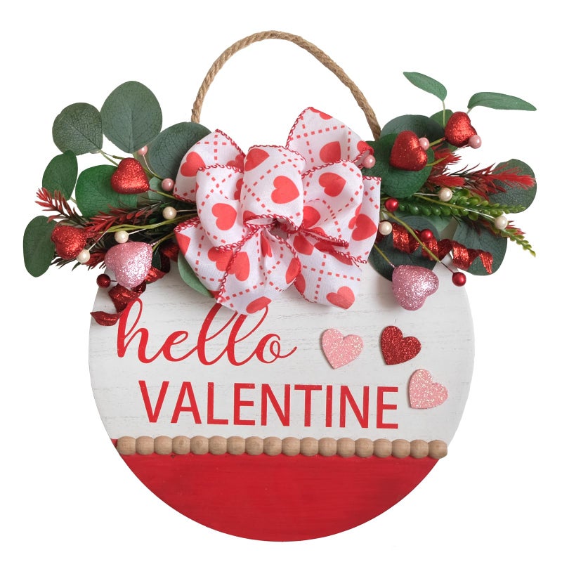 TEMPUS 16" Wood Wreath Valentine's Day Door Sign with Red Heart Berries and Buffalo Bow for Front Door Valentine's Day Anniversary Wedding Party Dinner Indoor Outdoor Decorations - Image 1