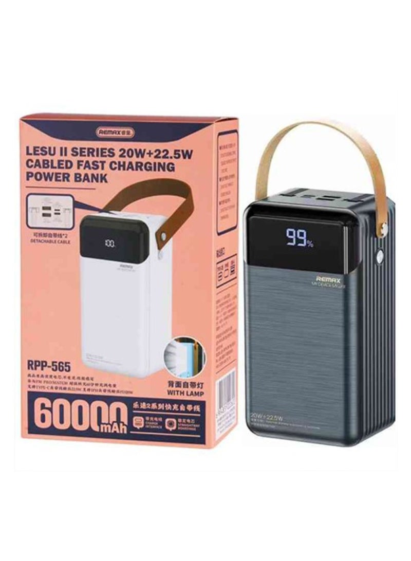ريماكس باور بانك  RPP-565 Lesu II Series بسعة 60000mAh ، شحن فائق السرعة بقوة 22.5 واط مع كابلات مدمجة Type-C وiPh ، 5 مخارج و4 مداخل لشحن أجهزة أندرويد وآيفون ، ضوء LED للطوارئ ، بطارية عالية الكثافة بأداء مستقر وآمن ، تصميم عملي مثالي للسفر والاستخدام اليومي - Image 1