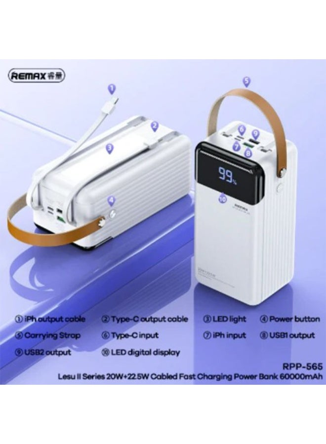 ريماكس باور بانك  RPP-565 Lesu II Series بسعة 60000mAh ، شحن فائق السرعة بقوة 22.5 واط مع كابلات مدمجة Type-C وiPh ، 5 مخارج و4 مداخل لشحن أجهزة أندرويد وآيفون ، ضوء LED للطوارئ ، بطارية عالية الكثافة بأداء مستقر وآمن ، تصميم عملي مثالي للسفر والاستخدام اليومي - Image 2