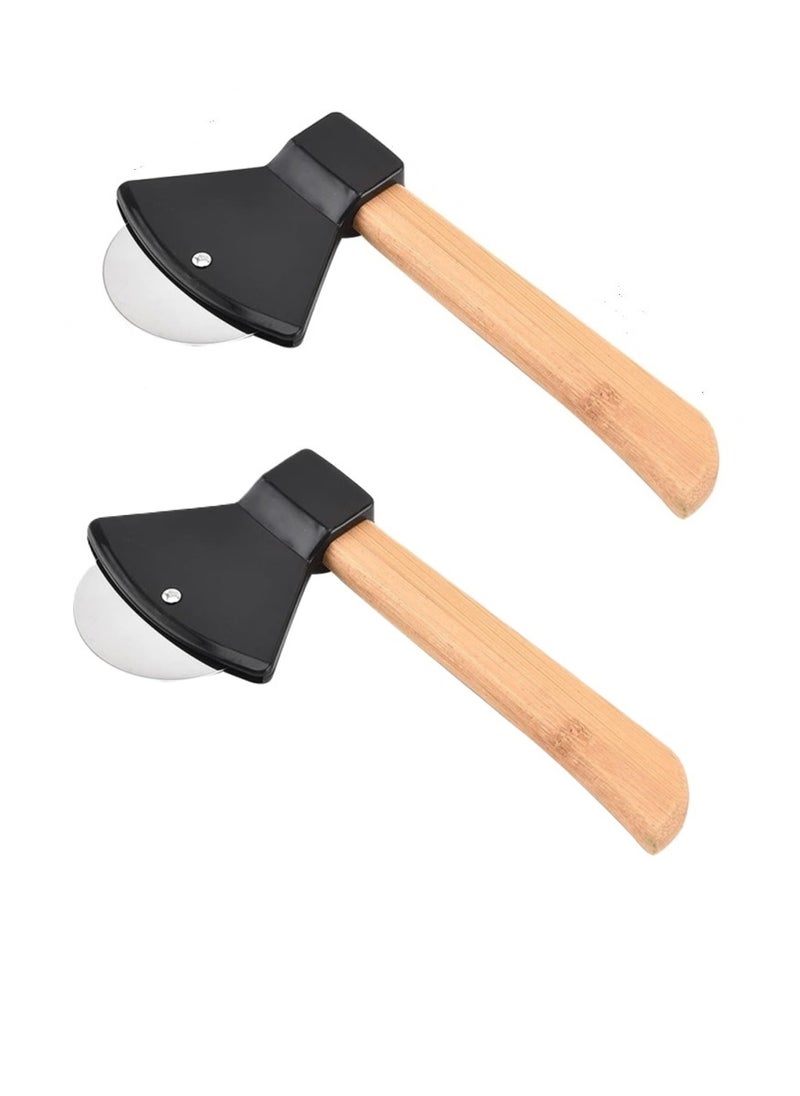 2 Pieces Axe Shape Bamboo Eco Handle Pizza Cutter Wheel Wooden and Stainless  - Image 1