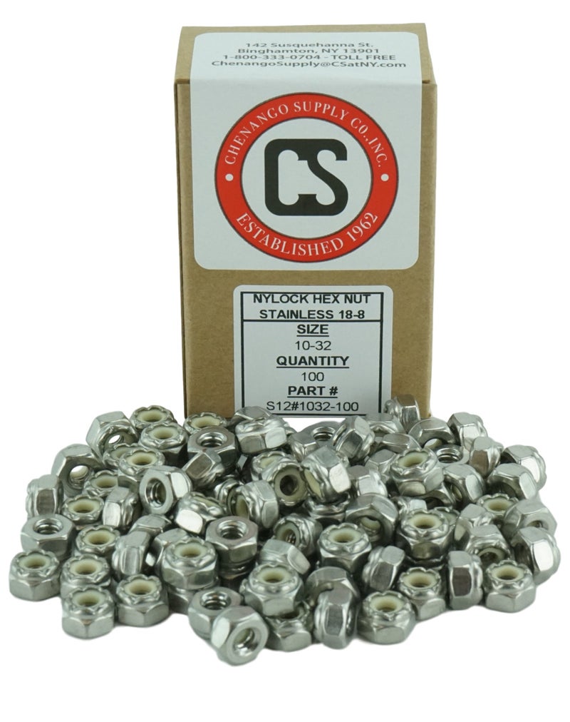 Chenango Supply Stainless 10-32 Nylock Hex Nut, Stainless Steel 18-8, Machine Thread (100 pcs, 10-32 Nylock Nut) - Image 2
