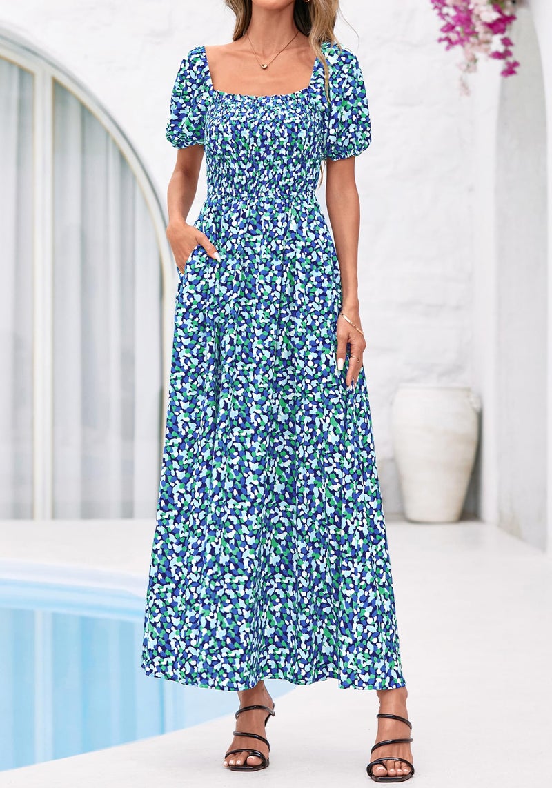 BTFBM Spring Summer Dresses for Women 2026 Puff Short Sleeve Smocked Floral Print Boho Beach Wedding Guest Maxi Dress(Floral Blue Green, Large) - Image 5