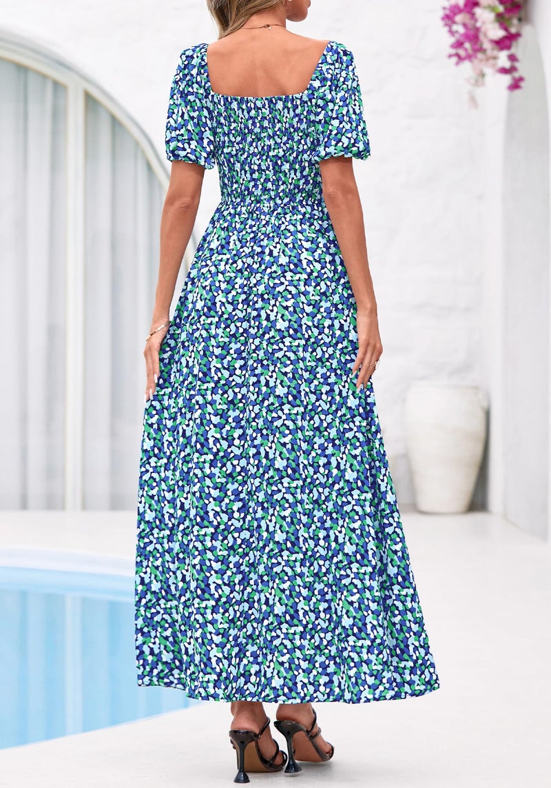 BTFBM Spring Summer Dresses for Women 2026 Puff Short Sleeve Smocked Floral Print Boho Beach Wedding Guest Maxi Dress(Floral Blue Green, Large) - Image 3