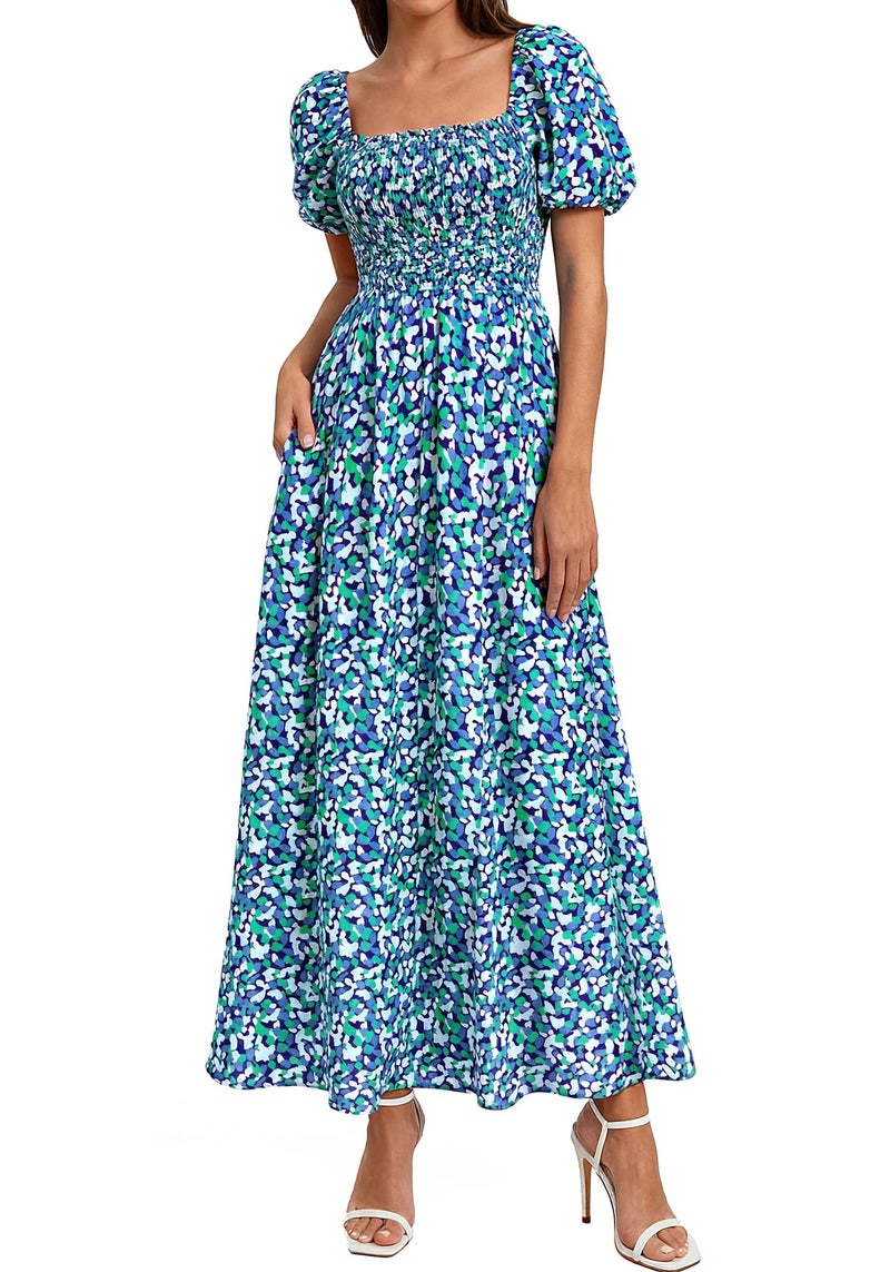 BTFBM Spring Summer Dresses for Women 2026 Puff Short Sleeve Smocked Floral Print Boho Beach Wedding Guest Maxi Dress(Floral Blue Green, Large) - Image 1