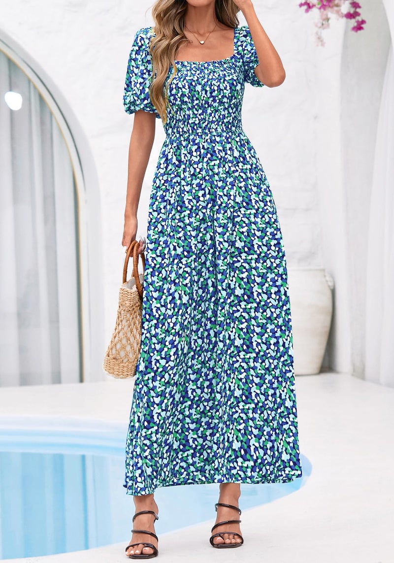 BTFBM Spring Summer Dresses for Women 2026 Puff Short Sleeve Smocked Floral Print Boho Beach Wedding Guest Maxi Dress(Floral Blue Green, Large) - Image 4