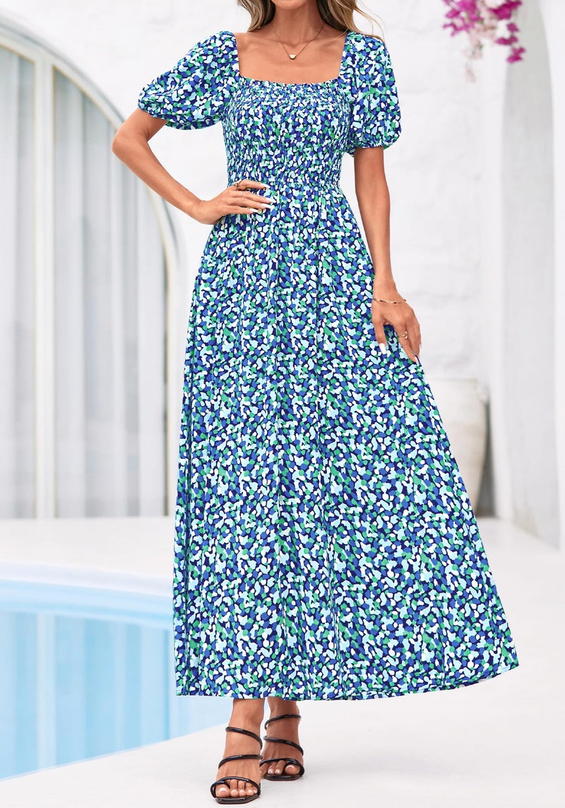 BTFBM Spring Summer Dresses for Women 2026 Puff Short Sleeve Smocked Floral Print Boho Beach Wedding Guest Maxi Dress(Floral Blue Green, Large) - Image 2