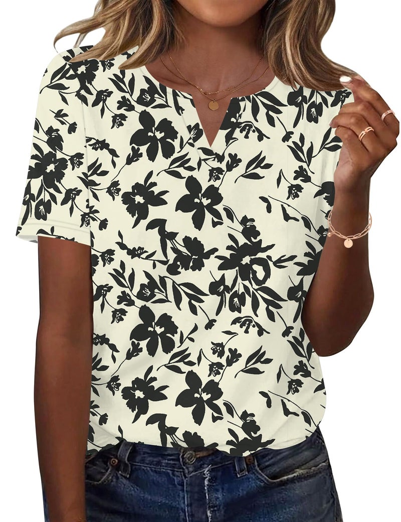 LOMON Short Sleeve Blouses for Women Summer Tops V Neck T Shirts Loose Fit Trendy Clothes 2026 (Apricot Black Floral, S) - Image 1