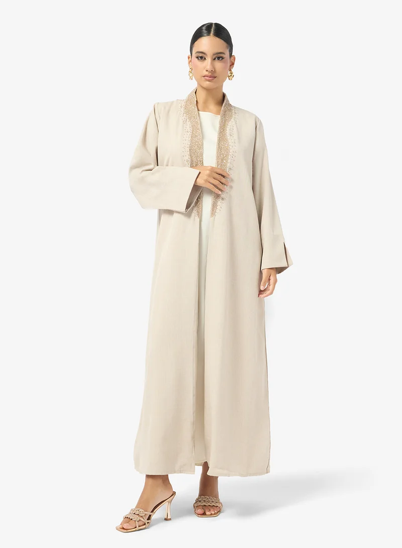 Floral Embroidered And Embellished Open Front High Neck Abaya