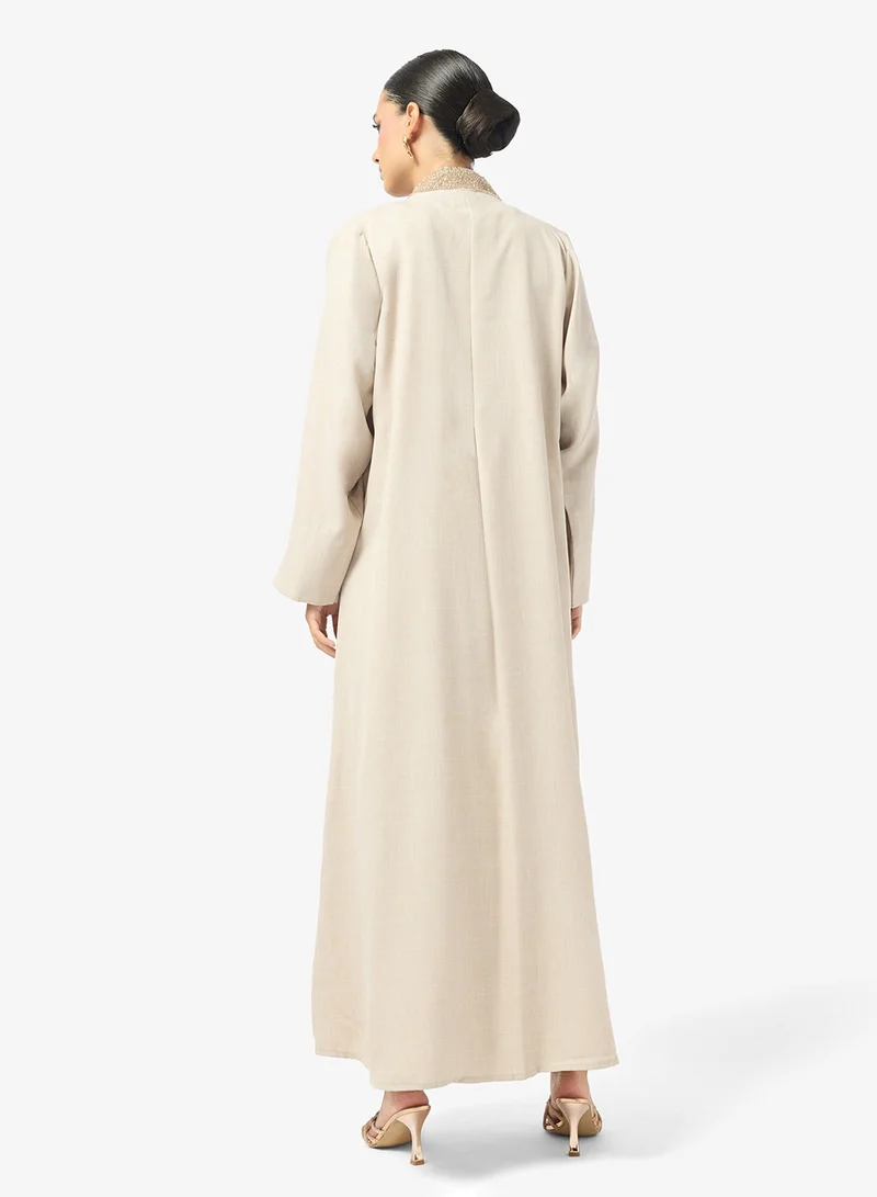 hayas closet Floral Embroidered And Embellished Open Front High Neck Abaya