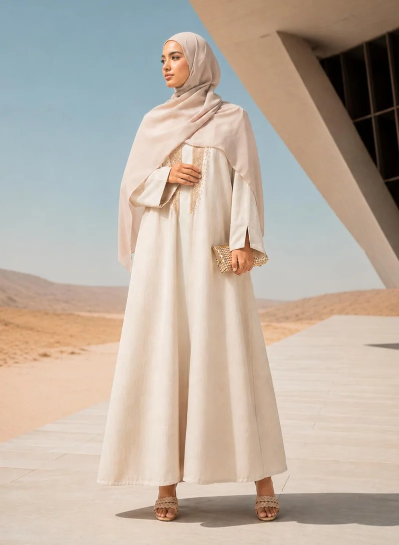 hayas closet Floral Embroidered And Embellished Open Front High Neck Abaya