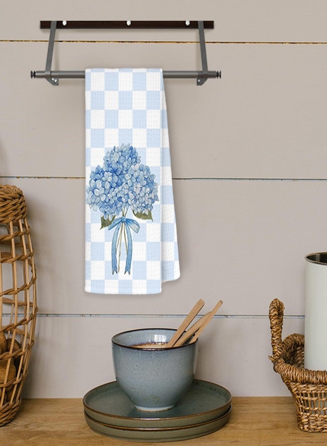 JINYO Blue Hydrangea Gingham Kitchen Towels, Preppy Blue and White Checkered Hand Towels for Bathroom, Checkered Kitchen Decor, Preppy Bathroom Decor, 16x24 Inch - Image 4