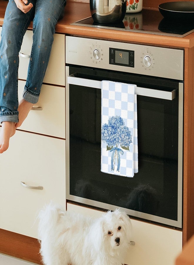JINYO Blue Hydrangea Gingham Kitchen Towels, Preppy Blue and White Checkered Hand Towels for Bathroom, Checkered Kitchen Decor, Preppy Bathroom Decor, 16x24 Inch - Image 2