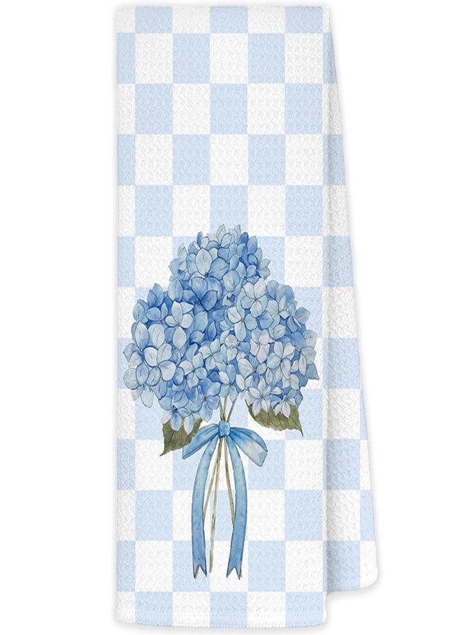 JINYO Blue Hydrangea Gingham Kitchen Towels, Preppy Blue and White Checkered Hand Towels for Bathroom, Checkered Kitchen Decor, Preppy Bathroom Decor, 16x24 Inch - Image 1