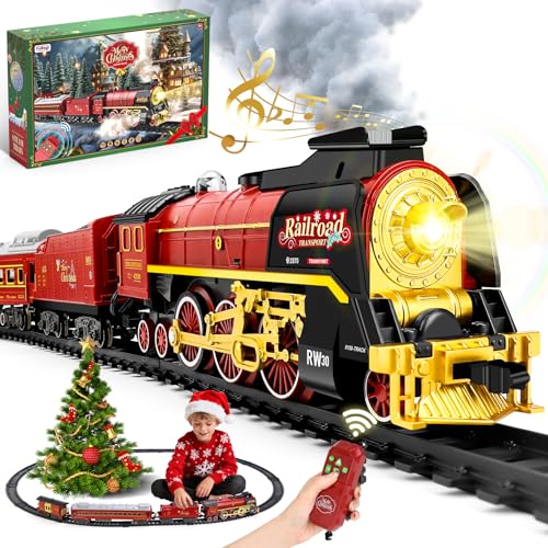 FuBegi Christmas Train Set for around under The Tree Electric Christmas Tree Train with Remote Sound Smoke Light Steam Locomotive Xmas Christmas Train Toy Gift for Kids Boy Girl Glowing Passenger Carriage - Image 1