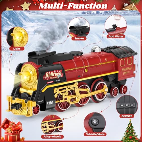FuBegi Christmas Train Set for around under The Tree Electric Christmas Tree Train with Remote Sound Smoke Light Steam Locomotive Xmas Christmas Train Toy Gift for Kids Boy Girl Glowing Passenger Carriage - Image 5