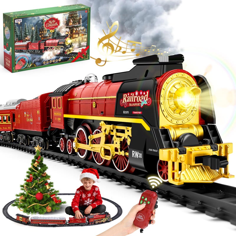 FuBegi Christmas Train Set for around under The Tree Electric Christmas Tree Train with Remote Sound Smoke Light Steam Locomotive Xmas Christmas Train Toy Gift for Kids Boy Girl Glowing Passenger Carriage - Image 3