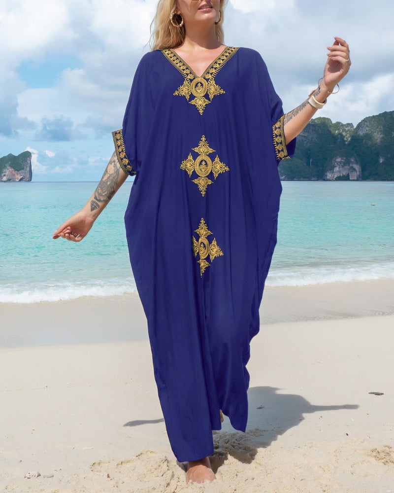 Bsubseach Gold Embroidery Long Kaftan Dresses V Neck Caftan Dress Beach Cover Ups for Women Navy Blue - Image 2