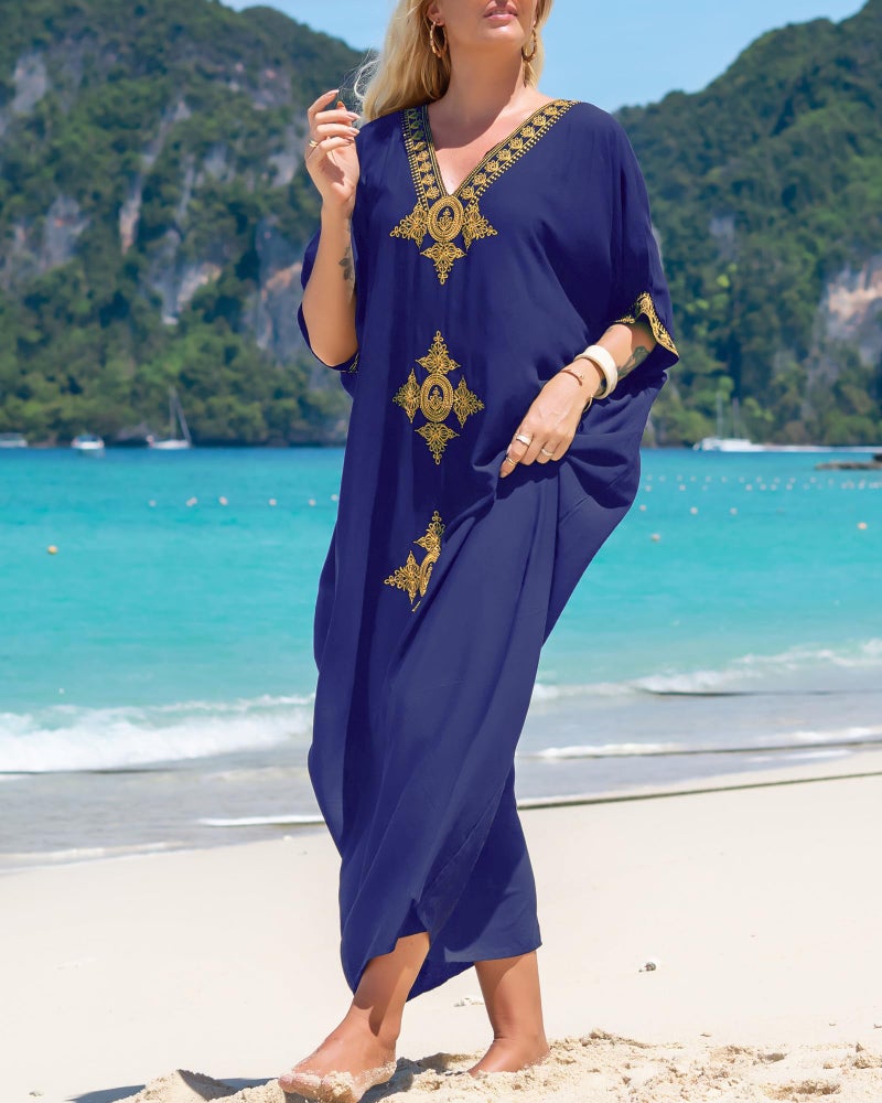 Bsubseach Gold Embroidery Long Kaftan Dresses V Neck Caftan Dress Beach Cover Ups for Women Navy Blue - Image 3