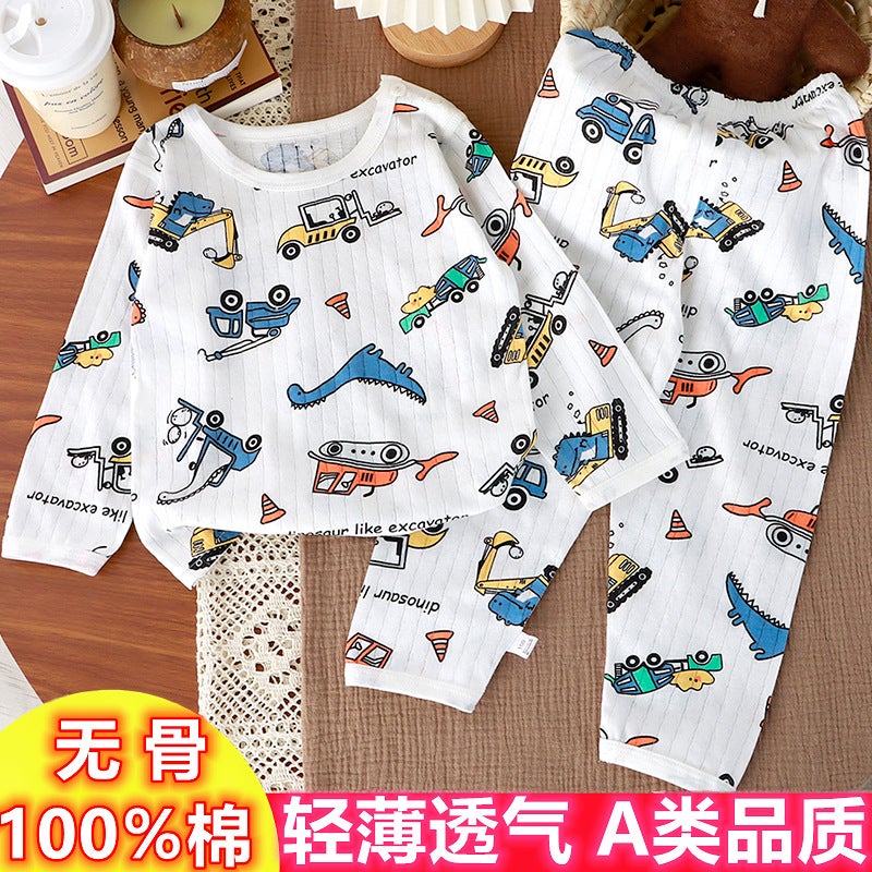 Baby Summer Thin Air-Conditioned Clothes For Boys And Girls Boneless Long-Sleeved Pajamas Set Kidsren'S Combed Cotton Home Clothes Spring - Image 3
