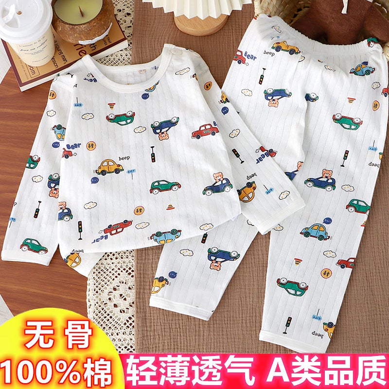 Baby Summer Thin Air-Conditioned Clothes For Boys And Girls Boneless Long-Sleeved Pajamas Set Kidsren'S Combed Cotton Home Clothes Spring - Image 2