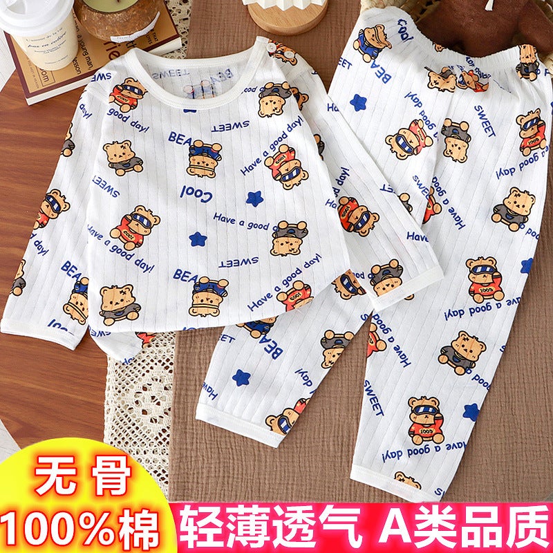 Baby Summer Thin Air-Conditioned Clothes For Boys And Girls Boneless Long-Sleeved Pajamas Set Kidsren'S Combed Cotton Home Clothes Spring - Image 5