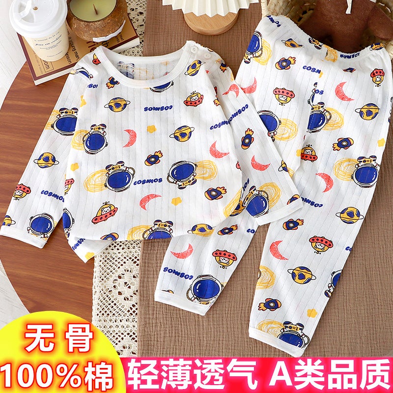Baby Summer Thin Air-Conditioned Clothes For Boys And Girls Boneless Long-Sleeved Pajamas Set Kidsren'S Combed Cotton Home Clothes Spring - Image 4