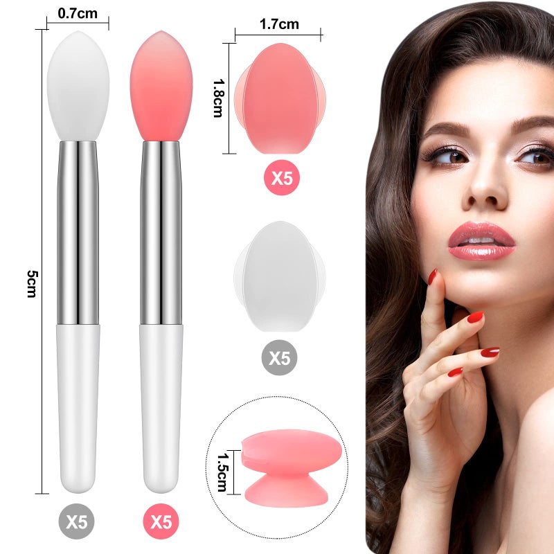 Newtay 20 Pcs Silicone Lip Brush Covers and Brushes for Reusable Lip Mask Eyeshadow Balm and Other Cream Makeup Products(Pink, White) - Image 2