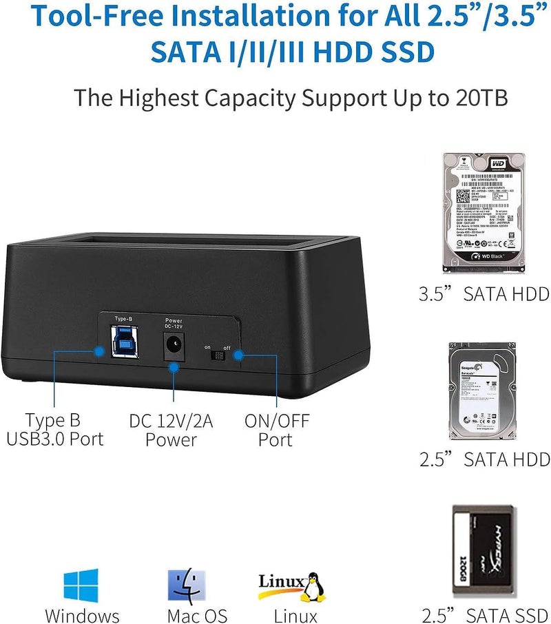 SSK USB 3.0 to SATA External Hard Drive Docking Station Enclosure Adapter for 2.5 & 3.5 Inch HDD SSD SATA, Super Speed up to 5Gbps, Support UASP no Drivers Needed(20TB Supports) - Image 2