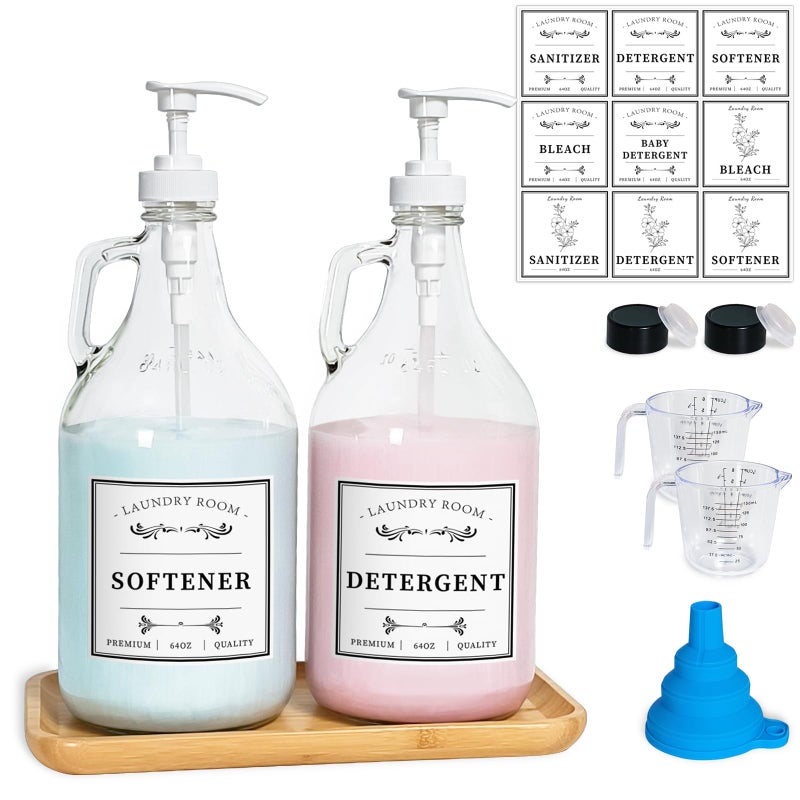 LIKAJON LIKAJON Glass Laundry Detergent Dispenser Liquid Laundry Soap Dispenser for Laundry Room 64oz Detergent Bleach Softener Dispenser for Farmhouse Decor Includes Pumps Funnel Labels and Bamboo Tray 