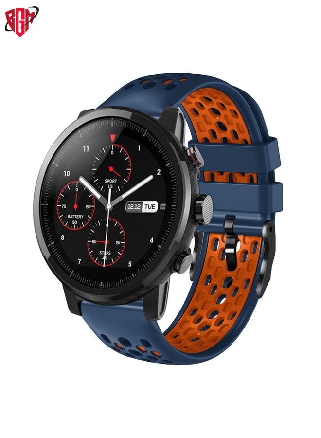 BGM For Amazfit Stratos 22mm Two-Color Breathable Silicone Watch Band(Midnight Blue+Orange)  - Image 1