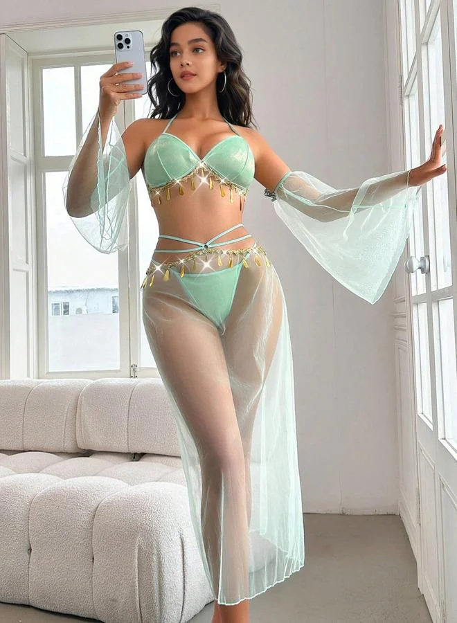 Take Two Pack of 4 - Metal Tassel Drop Wireless Bra, Thong, Mesh Skirt and Sleeves