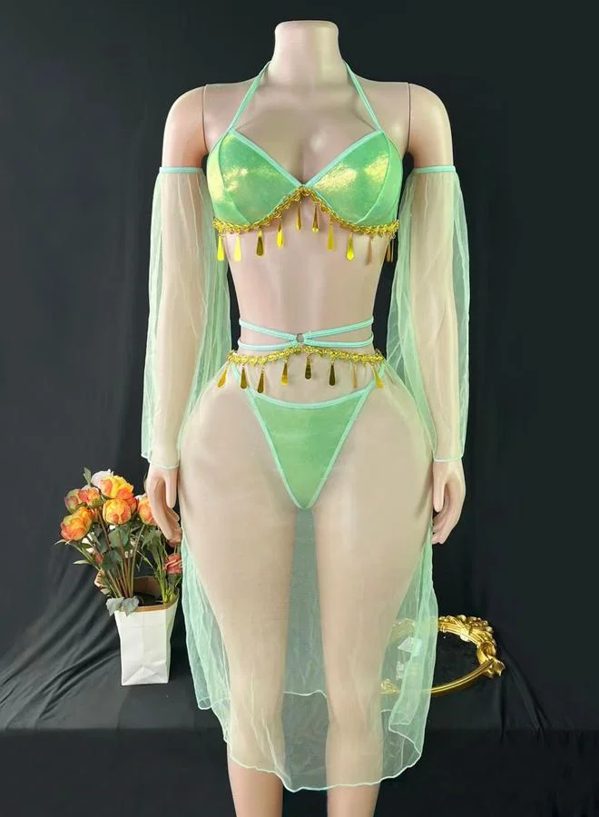 Take Two  4pcs Women's Mental Tassel Drop Wireless Bra with Thong, Skirt and Sleeves set for Women | Best Price UAE