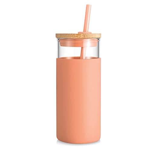Tronco 20 oz Glass Tumbler with Lid and Straw, Iced Coffee Cup and Smoothie Cup with Bamboo Lids & Protective Silicone Sleeve, Dishwasher Safe, BPA-Free, Glass Cup 1 Pack - Image 1