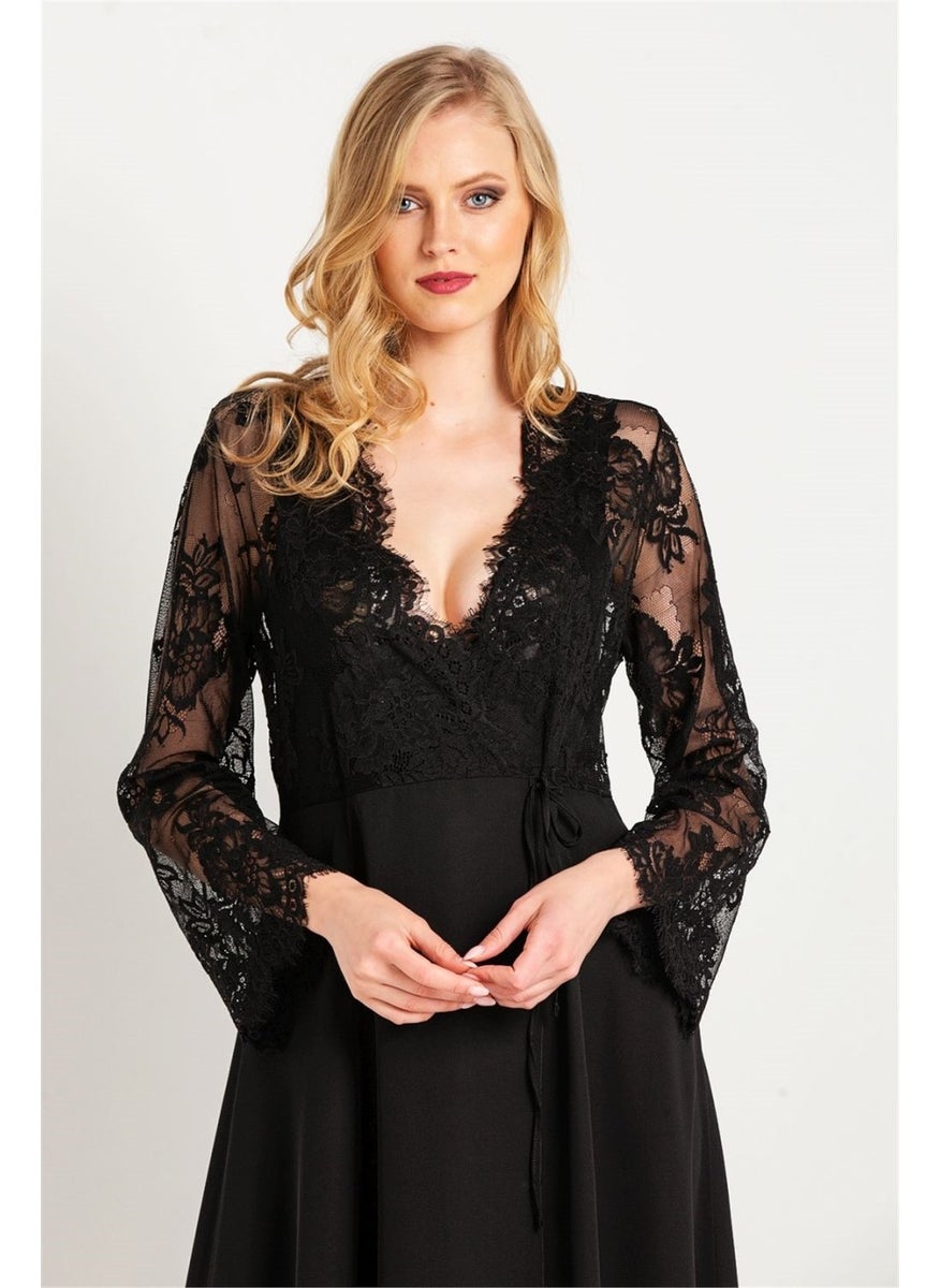 Magic Form - 31770 Women's Black Tasseled Lacy Crepe Long Dressing Gown - Image 1