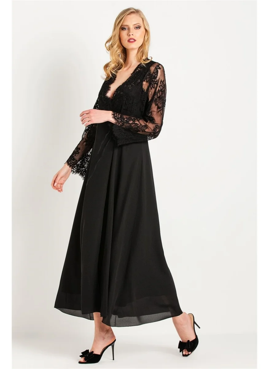 Magic Form 31770 Women's Black Tasseled Lacy Crepe Long Dressing Gown