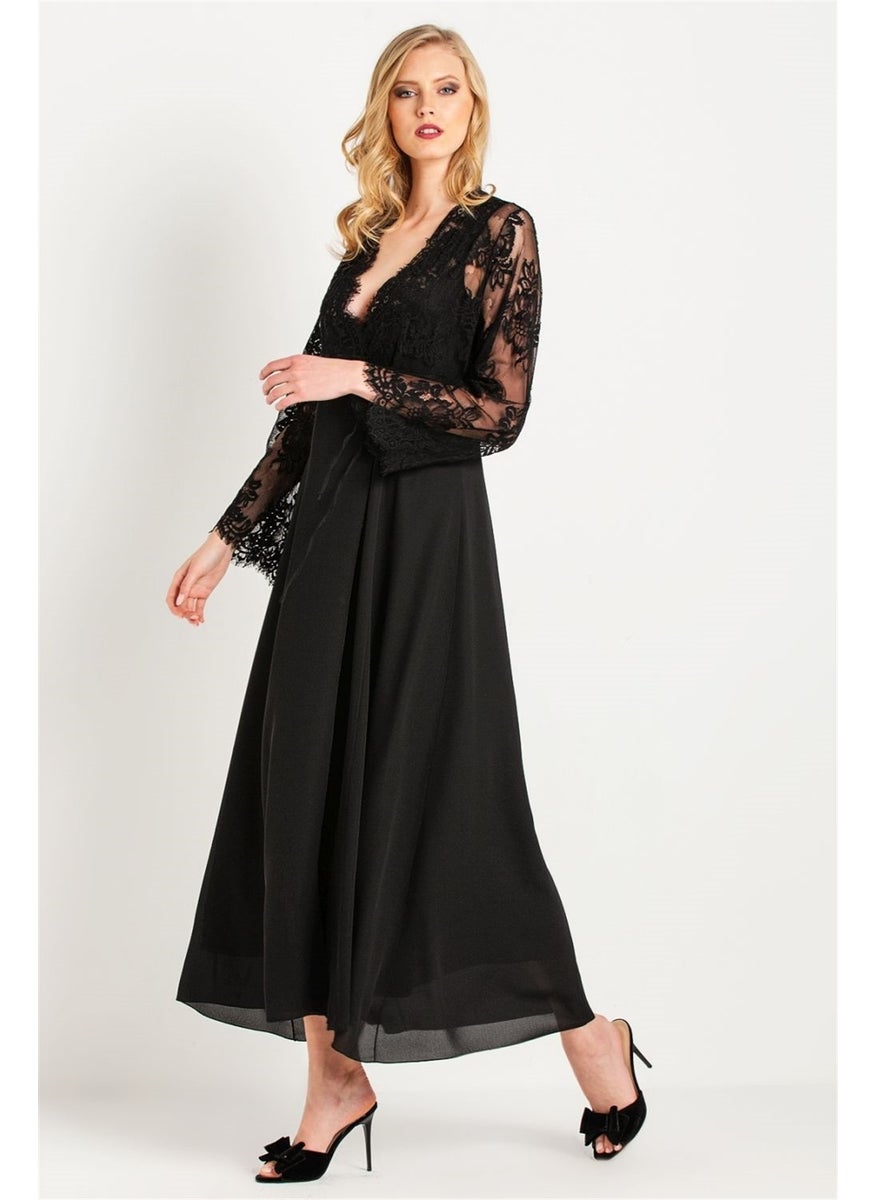 Magic Form - 31770 Women's Black Tasseled Lacy Crepe Long Dressing Gown - Image 1