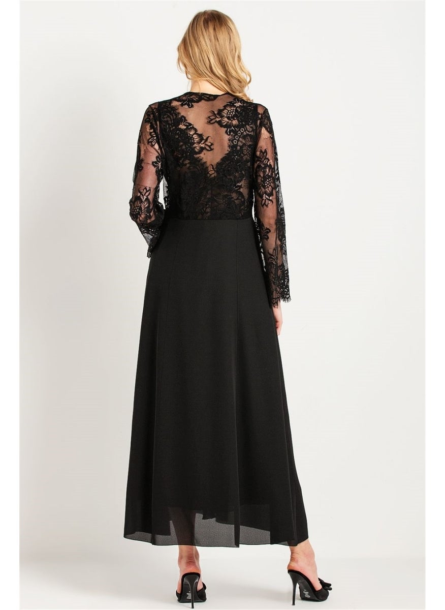 Magic Form - 31770 Women's Black Tasseled Lacy Crepe Long Dressing Gown - Image 1
