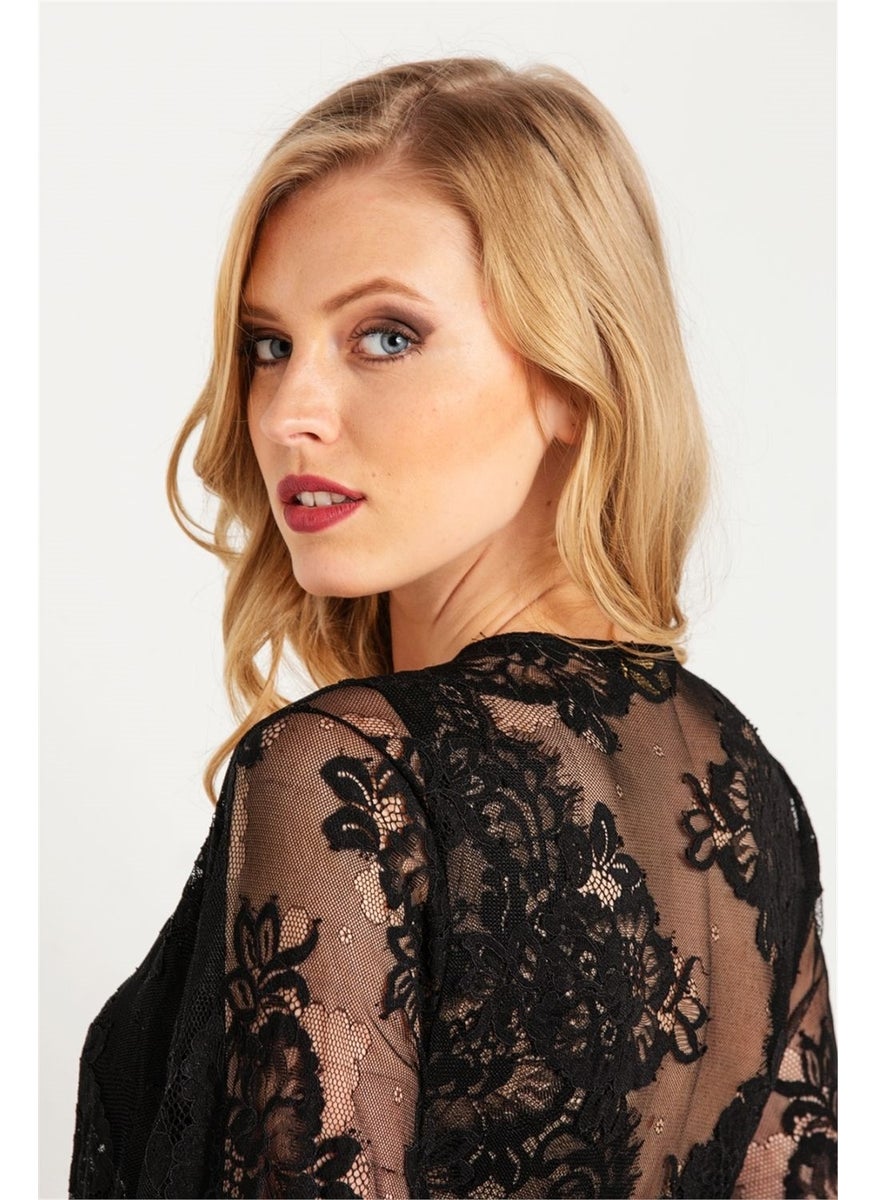 Magic Form - 31770 Women's Black Tasseled Lacy Crepe Long Dressing Gown - Image 1