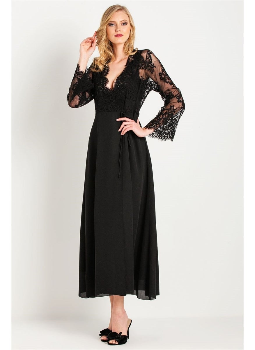 Magic Form - 31770 Women's Black Tasseled Lacy Crepe Long Dressing Gown - Image 1