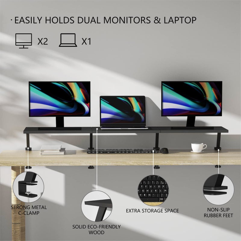Gaxomo Extra-Large 45-Inch Wood Clamp On Desk Monitor Shelf with Spacious Storage Space - Fits 60-inch or Dual 32-inch Screens, C-Clamp Design with Rubber Pad, Max Load 44lbs - Image 2