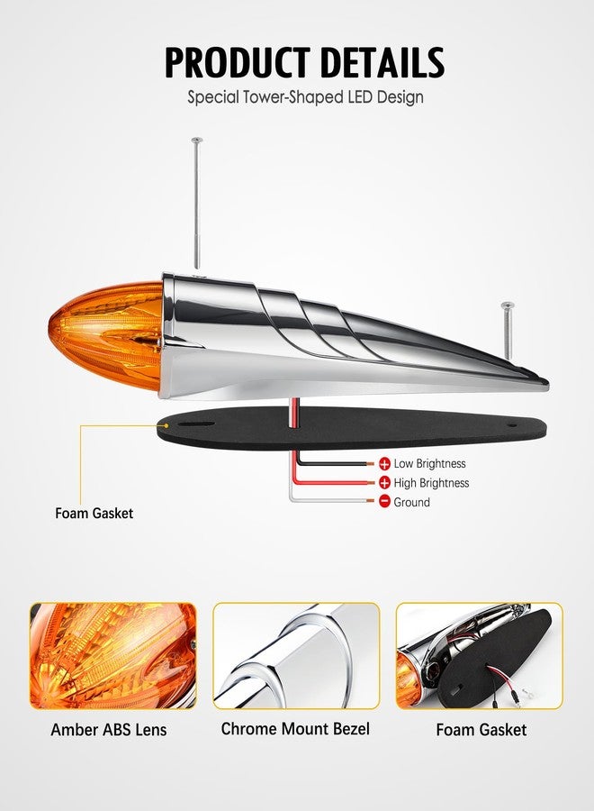 Partsam 5PCS Amber Torpedo Cab Marker, Chrome Roof Running Lights Assembly, 10 LED Super Bright Top Clearance Lights Compatible with International/Peterbilt/Freightliner/Mack, DOT Compliant - Image 3