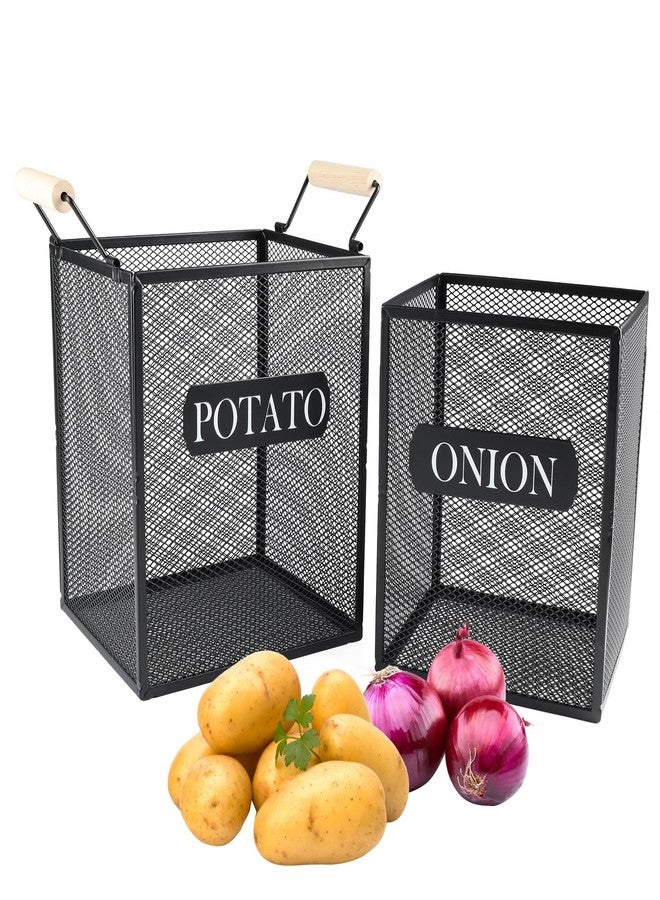 Xbopetda Set of 2 Potato and Onion Storage Bin, Metal Mesh Onion and Potato Baskets with Wooden Handle, Potato Bin Onion Holder, Kitchen Pantry Organizers and Storage for Onion Potato Fruit Vegetable - Image 1