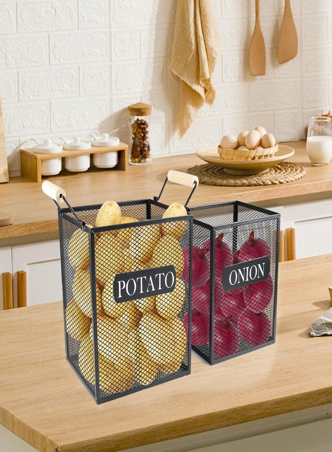 Xbopetda Set of 2 Potato and Onion Storage Bin, Metal Mesh Onion and Potato Baskets with Wooden Handle, Potato Bin Onion Holder, Kitchen Pantry Organizers and Storage for Onion Potato Fruit Vegetable - Image 3