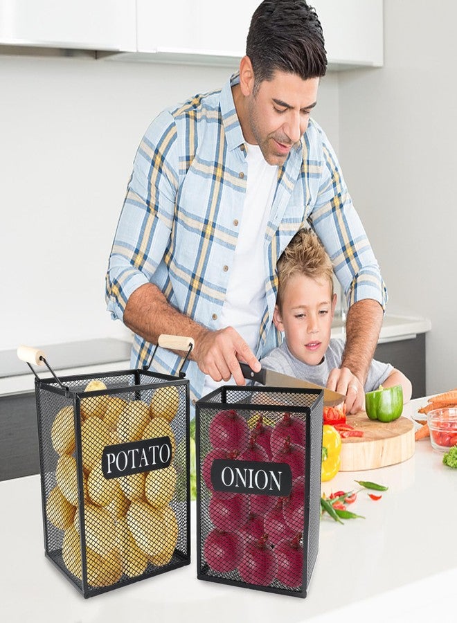 Xbopetda Set of 2 Potato and Onion Storage Bin, Metal Mesh Onion and Potato Baskets with Wooden Handle, Potato Bin Onion Holder, Kitchen Pantry Organizers and Storage for Onion Potato Fruit Vegetable - Image 4