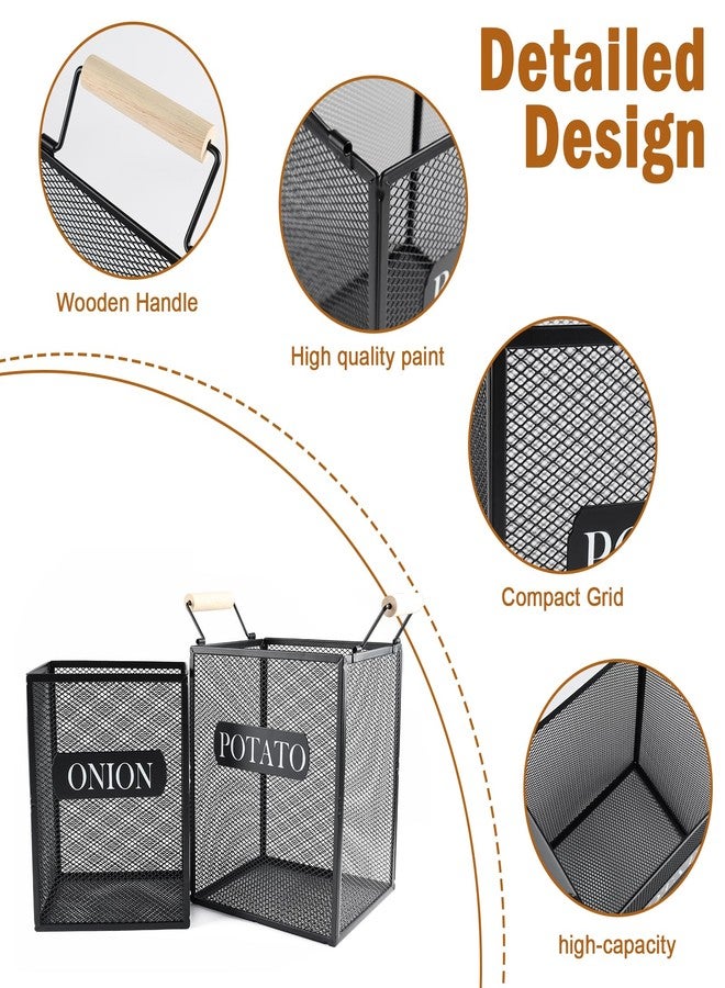 Xbopetda Set of 2 Potato and Onion Storage Bin, Metal Mesh Onion and Potato Baskets with Wooden Handle, Potato Bin Onion Holder, Kitchen Pantry Organizers and Storage for Onion Potato Fruit Vegetable - Image 2